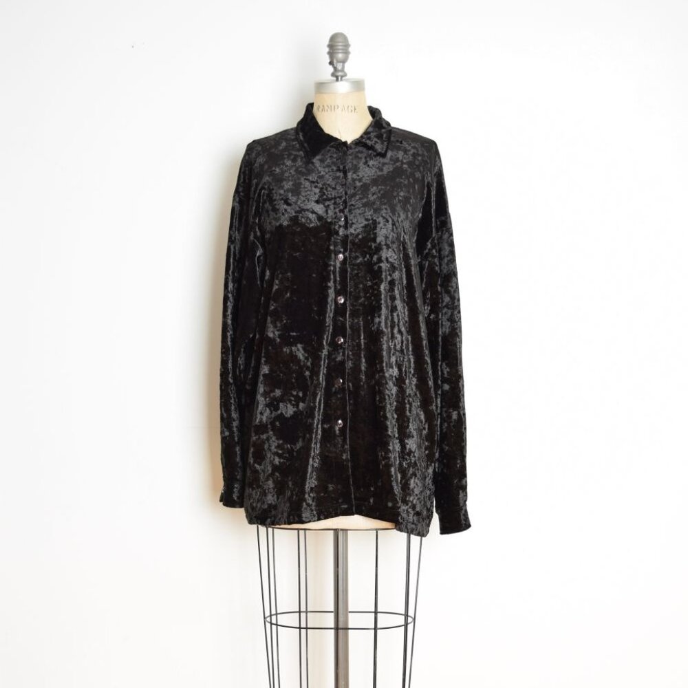 vintage 90s top black crushed velvet stretch button up grunge goth blouse L XL
